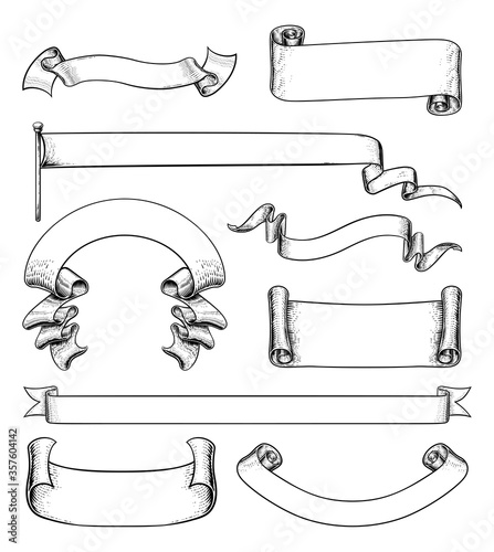 A set of scrolls, flags, paper banners and parchment ribbons in a vintage retro woodcut style