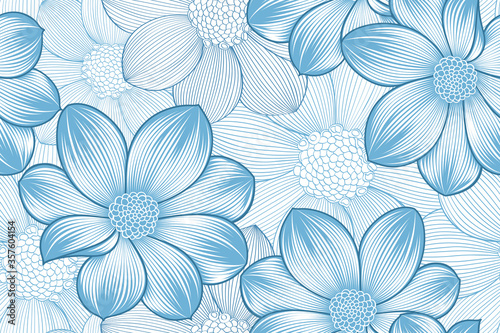 Colorful floral seamless pattern with blue dahlia flowers. Vector elements for wallpaper, wall decor, creativity, cards, invitations.