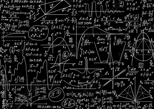 Math educational vector seamless background with handwritten formulas, figures, calculations, "chalk on blackboard" effect