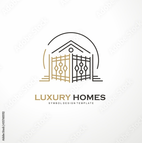 Luxury homes elegant line art logo design vector illustration with residence roof shape and antique artistic gate. Real estates symbol layout.