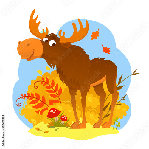 Illustration of elk in the bushes and wild herbs. Piccture of a wild animal in its own habitat. Children illustration. photo