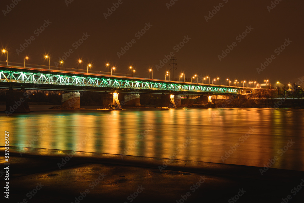 Gdanski bridge in Warsaw, night photo of the illuminated brid