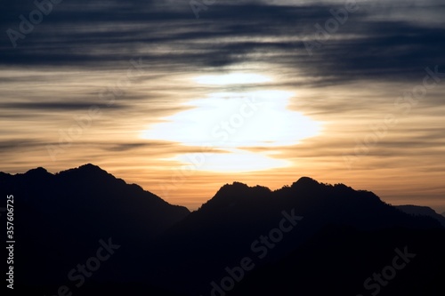 silhouette landscape view of sunrise over the mountains 