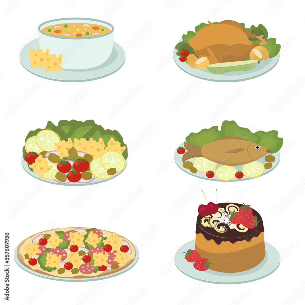 Set of delicious food dishes for the menu. Vector illustration for design. Set of delicious food dishes for the menu. Vector illustration for design.
