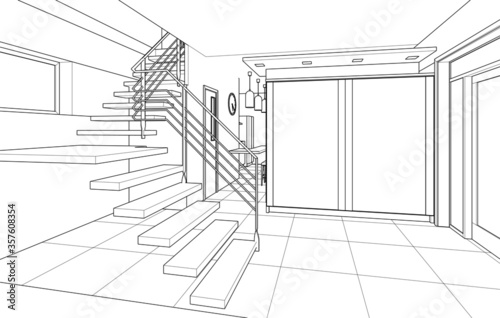 
sketch of interior hall stairs 3d illustration