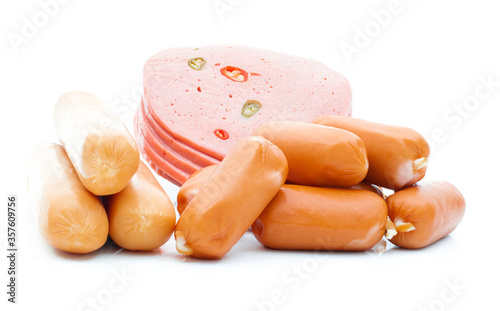 Fresh sausages on white background. photo