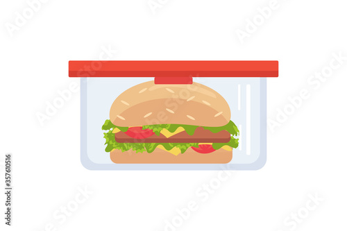 Lunch box meal container with hamburger. School meal children stock vector illustration in flat cartoon style isolated on white background.
