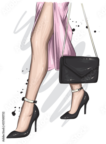 Long female legs in a beautiful skirt and high-heeled shoes. Stylish bag. Fashion and style, clothing and accessories. Vector illustration, print on a postcard or t-shirt.