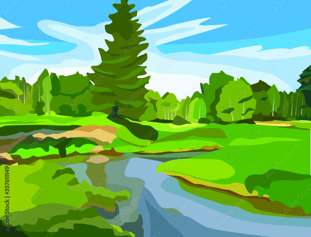 Vector image of nature. Rectangular landscape with forest, meadow and river for interior decoration or print. Flora in summer  open spaces.