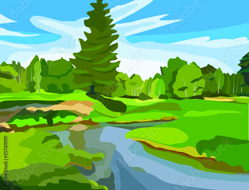 Vector image of nature. Rectangular landscape with forest  meadow and river for interior decoration or print. Flora in summer  open spaces.