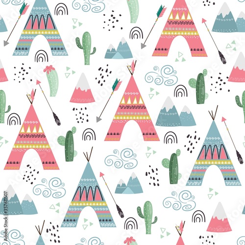 Seamless vector pattern with mountains, tent, arrows, cactus, teepee wig wam. Cute indian background for kids in scandinavian style.