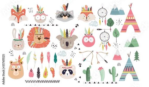 Big set with cute tribal inidan animals faces owl, bear, bunny, fox, lion, panda, wigwam teepee, arrows, feathers, dream catcher, cactus, forest. Vector illustration.