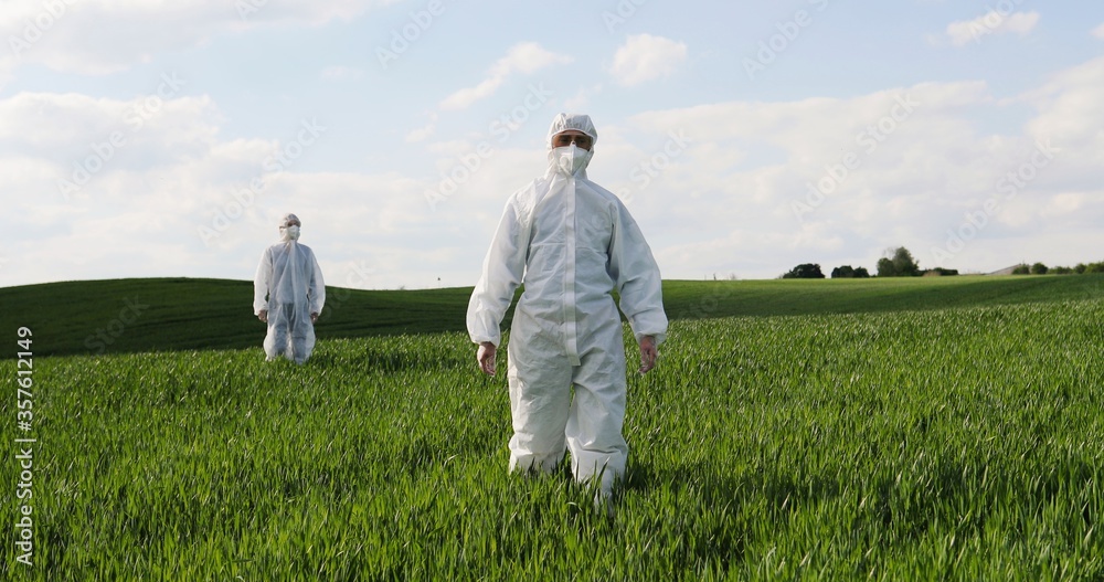 Caucasian male and female farmers ecologists in white protective costumes and goggles walking in green field in summer. Man and woman scientists and biologists strolling the margin with eco harvest. Caucasian male and female farmers ecologists in white protective costumes and goggles walking in green field in summer. Man and woman scientists and biologists strolling the margin with eco harvest.