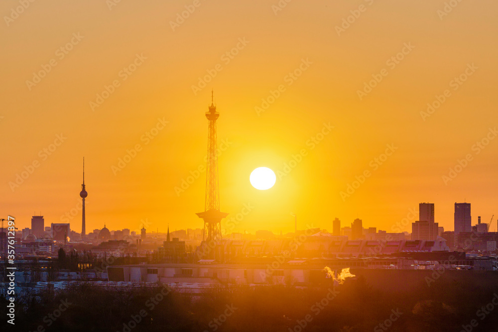 Berlin sunrise cityscape view with television tower and radio tower