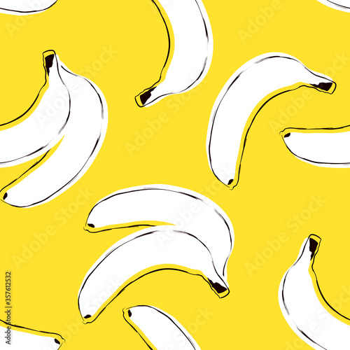 Seamless fruit pattern. Cute white sweet bananas and black silhouette. Cartoon sketch. Great for postcards, stickers, fabric and textile. Yellow isolated background, vector illustration, print.