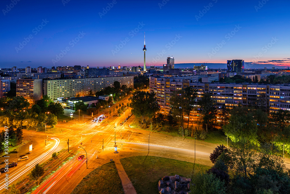Berlin night cityscape aerial view with television tower