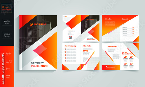 orange business brochure template layout design, 16 page corporate brochure editable template layout, minimal business brochure template design.