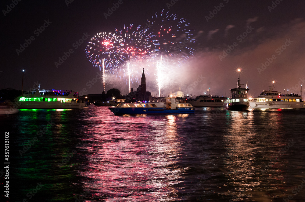 Fireworks over water in Venice