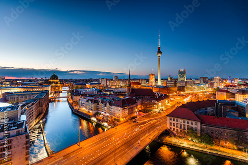 Berlin night cityscape aerial view with television tower