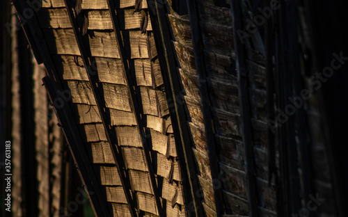Sunlight On Wooden Panel Fence Broken Down and Collapsing 
