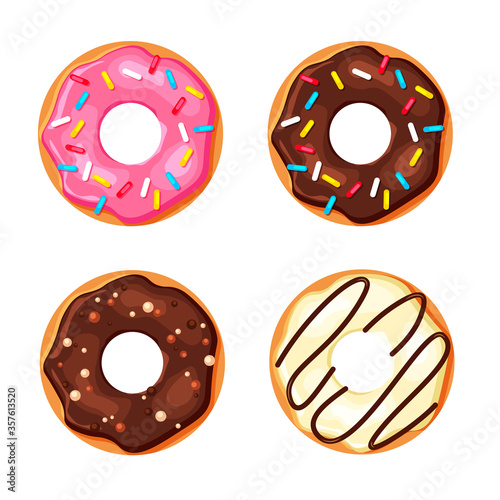 Cartoon colorful donut set isolated on white background. Top view sweet sugar doughnuts. Vector illustration in a trendy flat style.