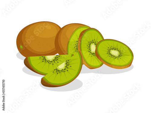 Set of fresh whole, half, cut slice of kiwi isolated on white background. Citrus fruit. Vegan food vector icons in a trendy cartoon style. Healthy food concept.	