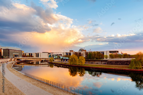 Berlin sunset cityscape view with spree river