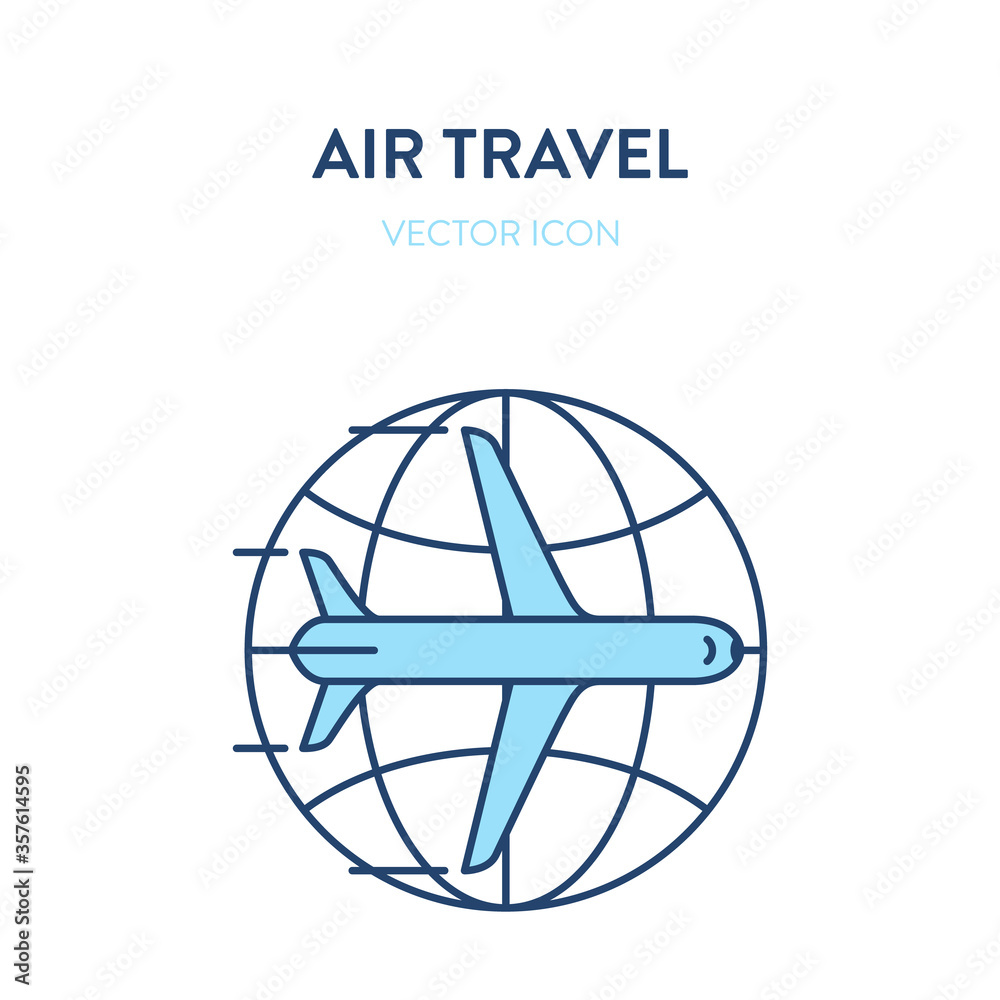 International flight icon. Vector flat outline illustration of an airliner plane with earth globe icon in background. Represents a concept of international flights, air travel, commercial flight International flight icon. Vector flat outline illustration of an airliner plane with earth globe icon in background. Represents a concept of international flights, air travel, commercial flight