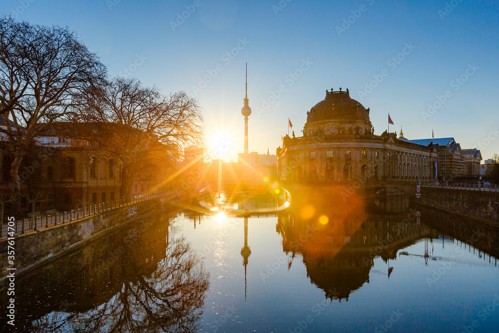 Berlin sunrise cityscape view with tv tower and spree river