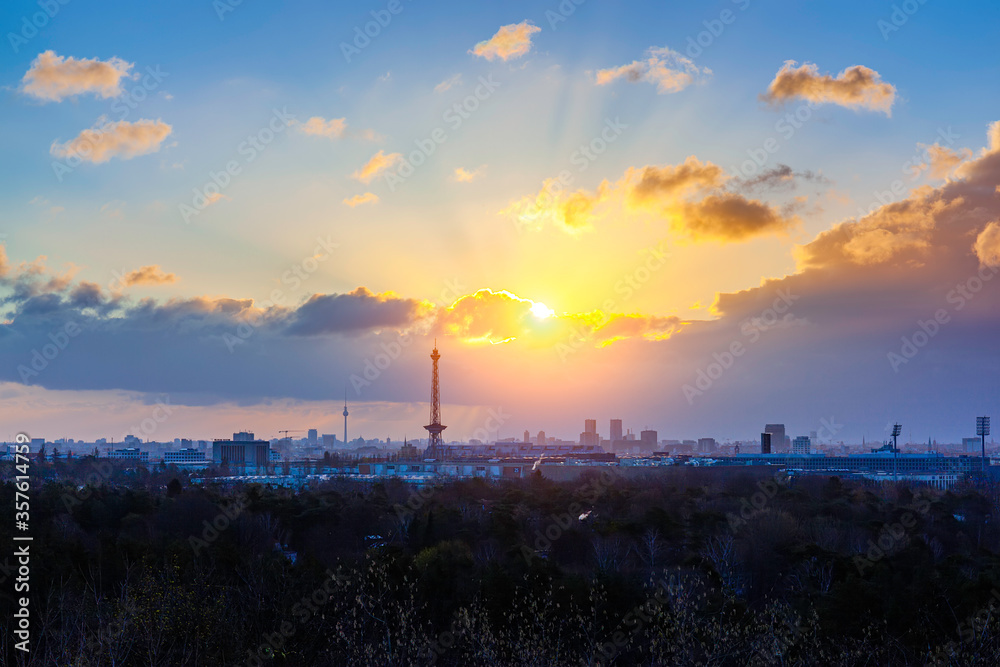 Berlin sunrise cityscape view with television tower and radio tower