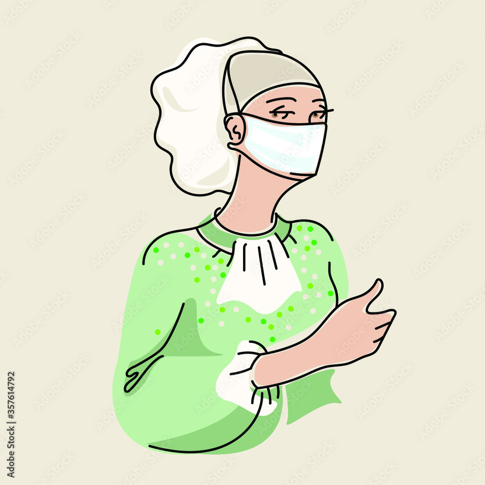 Beautiful elderly woman with white hair and head band, wearing a mask.Protection against virus, pollution, allergy. Coronavirus, Covid-19 awareness.Colorful vector illustration.Old lady.