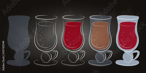 Set of different glasses on a background of chalkboard. Isolated