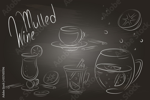 Jug, cup and wine glass with mulled wine, hand-drawn on chalkboard. Design elements in a sketch style. Isolated