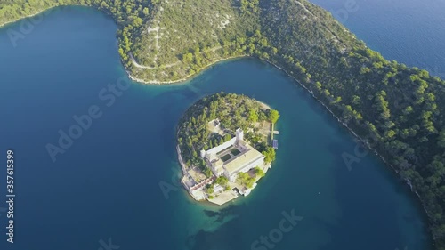 Aerial view of beautiful green islands on turquoise water. Mediterranean scenery.  The Mljet National Park in Croatia with Veliko and Malo Lakes. 