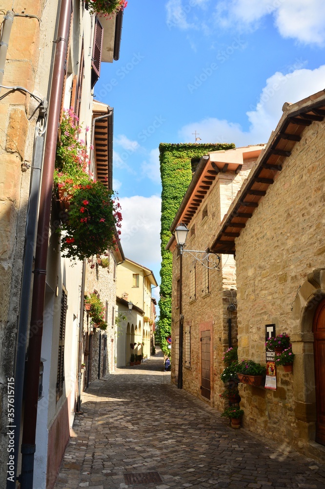 Frontino, uno dei borghi più belli d'Italia.

La strada principale del paese con la torre civica del XIV secolo, coperta da piante rampicanti sullo sfondo.
