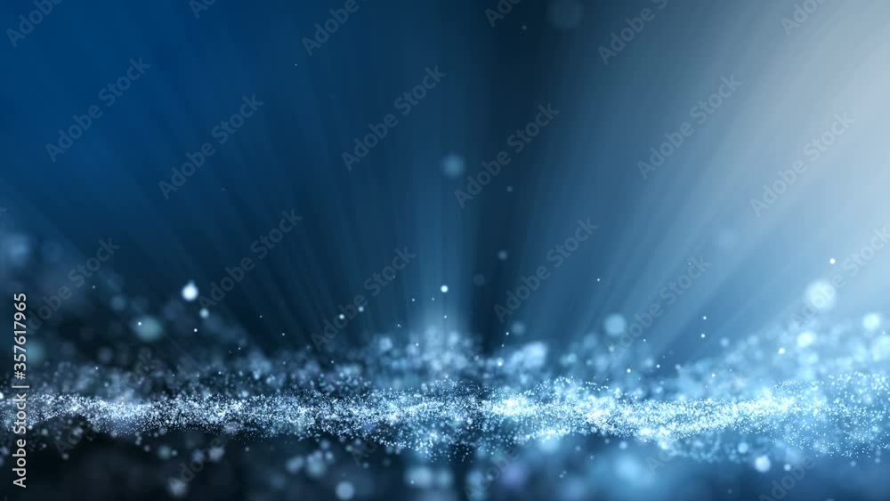 Dark blue abstract animation background with moving and flicker particles form. Backdrop of bokeh light ray effect.
