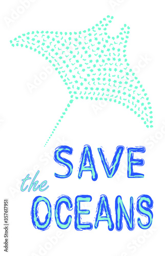Save the oceans poster with mantas painted with dolphins, sea turtles, shells and seahorses