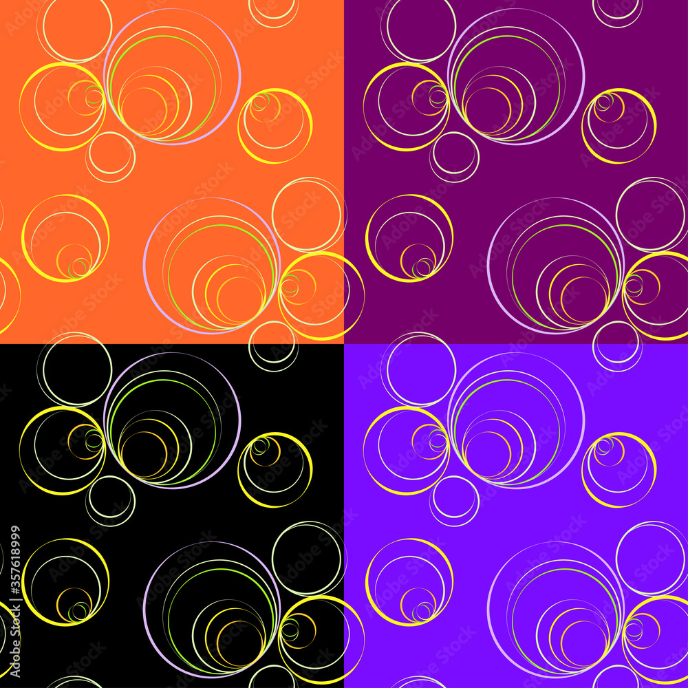 Set seamless geometric pattern stylish, multicolor circles of bright fluorescent colors on different backgrounds, design of clothing fabric, wrapping paper, packaging, tablecloths, wallpaper, cover Set seamless geometric pattern stylish, multicolor circles of bright fluorescent colors on different backgrounds, design of clothing fabric, wrapping paper, packaging, tablecloths, wallpaper, cover