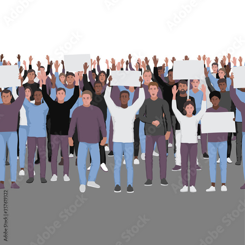 Protesting people with hands up seamless border.