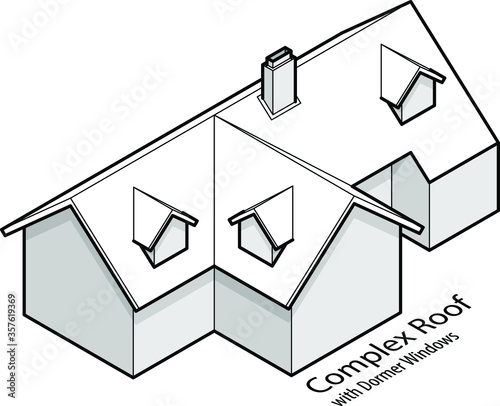 Building roof type: complex hip and valley roof, or cross hipped roof, with dormer windows and a chimney.