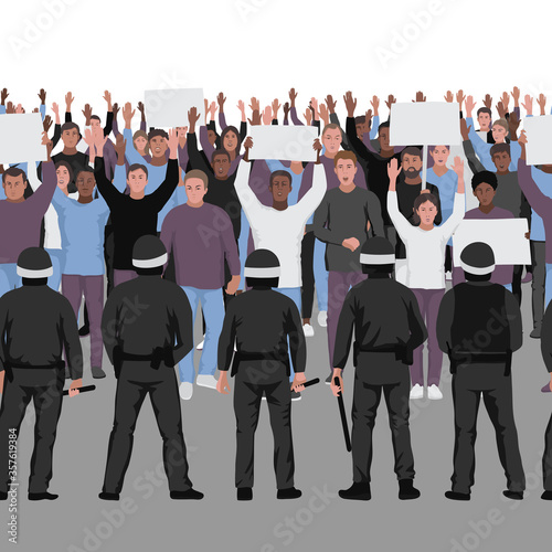 Protesting people with hands up and the police seamless border.