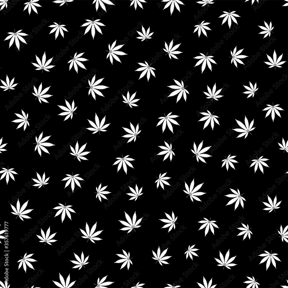 Cannabis seamless pattern. Marijuana leaf, white weed plant. Hashish texture, isolated black background. Hemp psychedelic grass. Fabric print for medical wallpaper. Simple design Vector illustration Cannabis seamless pattern. Marijuana leaf, white weed plant. Hashish texture, isolated black background. Hemp psychedelic grass. Fabric print for medical wallpaper. Simple design Vector illustration