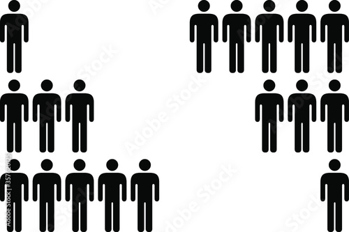 People icons organizational and work group structure - hierarchical and bureaucratic in two range-left and range-right layouts/arrangements.