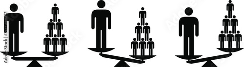 People icons - social equality concept - scales showing different ways of valuing individuals and society/groups.