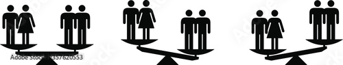 People icons - social equality concept - scales showing equal and unequal social status between heterosexual and homosexual (male) relationships.