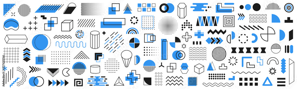 Set of 120 geometric shapes icons. Memphis design retro elements. Collection trendy halftone geometric shapes. Retro funky graphic, 90s trends designs and vintage print element collection - obrazy, fototapety, plakaty 