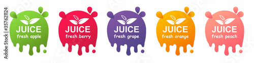 Juice fresh fruit label icons set. Collection of apple, berry, grape, orange, peach healthy juice design sticker – stock vector