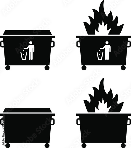 Trash/rubbish dumpster icons with fire. Dumpster fire concept. photo
