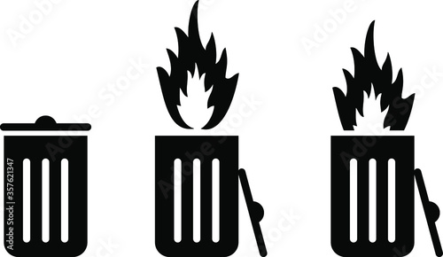 Trash/rubbish can/bin icons with fire. Dumpster fire concept.