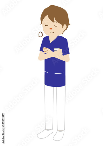 Illustration of a female medical worker (radiologist sighing with her arms crossed)